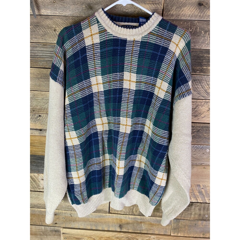 Vintage Trader Bay Men's XLT Plaid Ramie Cotton Knit Sweater 90s Casual Beige
